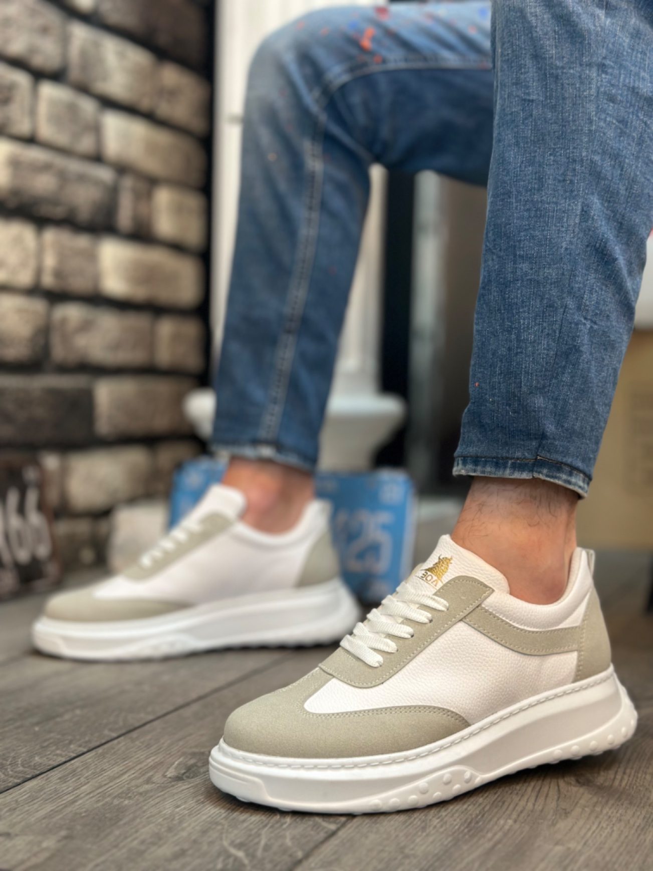 Thick High Sole White Gray Lace-Up Sneakers For Men