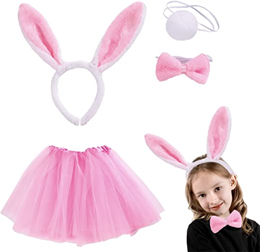 Bunny Crown Skirt Bow Tie and Tail Costume Set Pink Color Child Size