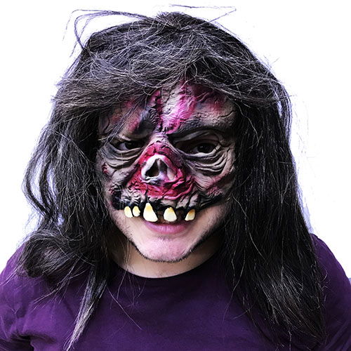 Zombie Latex Flesh Mask with Long Black Hair Half Face Teeth