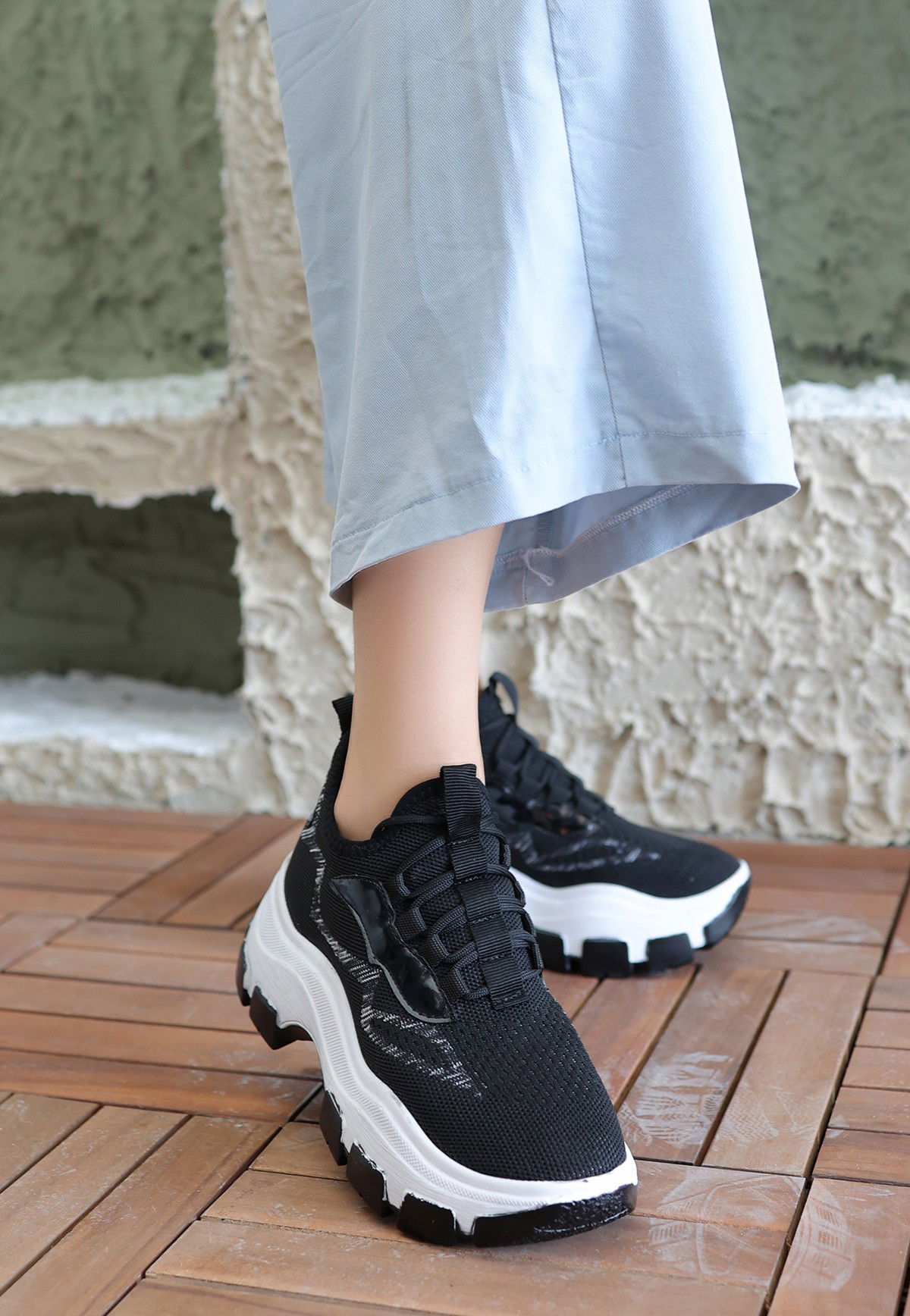 Black Tricot Lace-Up Sneakers