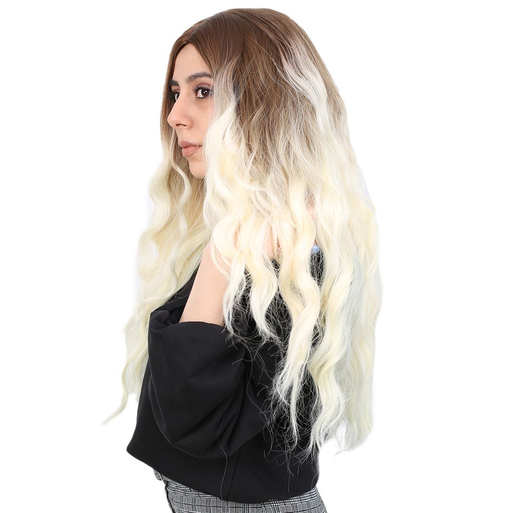 Kanekalon Fiber Synthetic Wig / Auburn / Platinum Ombré with Water Wavy Look and Long Bangs