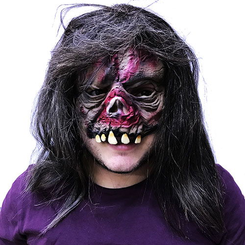 Zombie Latex Flesh Mask with Long Black Hair Half Face Teeth