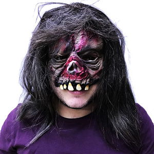 Zombie Latex Flesh Mask with Long Black Hair Half Face Teeth