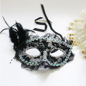 Black Color Side Feather Party Mask 17x12 cm with Pearl Embroidered Stone Lace Party Mask 17x12 cm