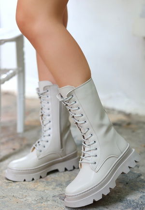 Beige Skin Lace-Up Boots