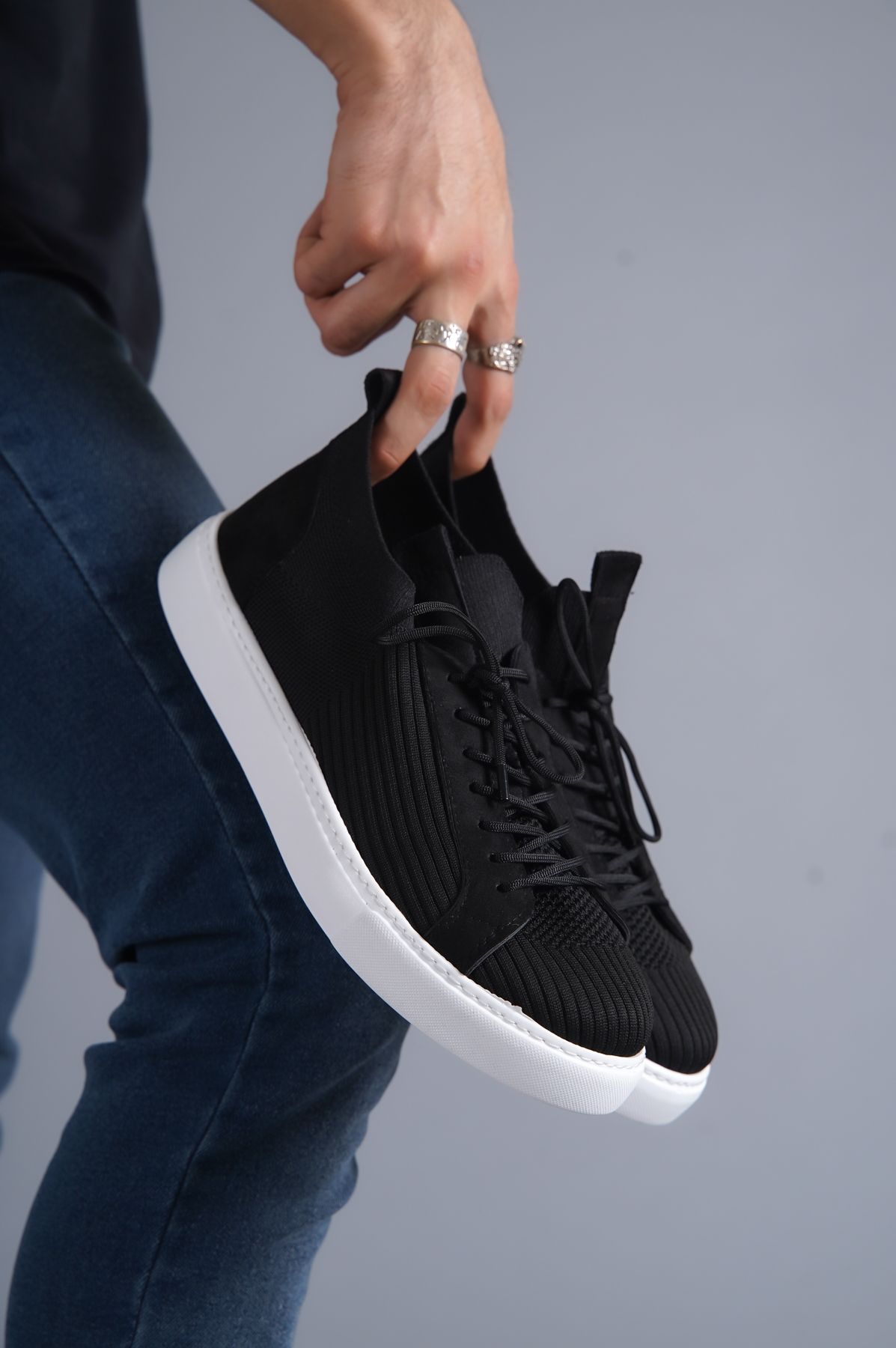 Black Tricot Lace-up Casual Men's Shoes