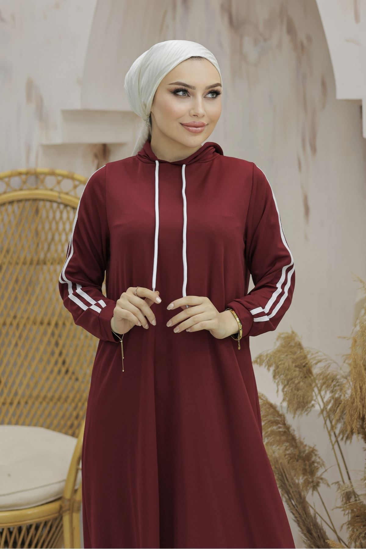 Hooded Stripe Detailed Dress Burgundy