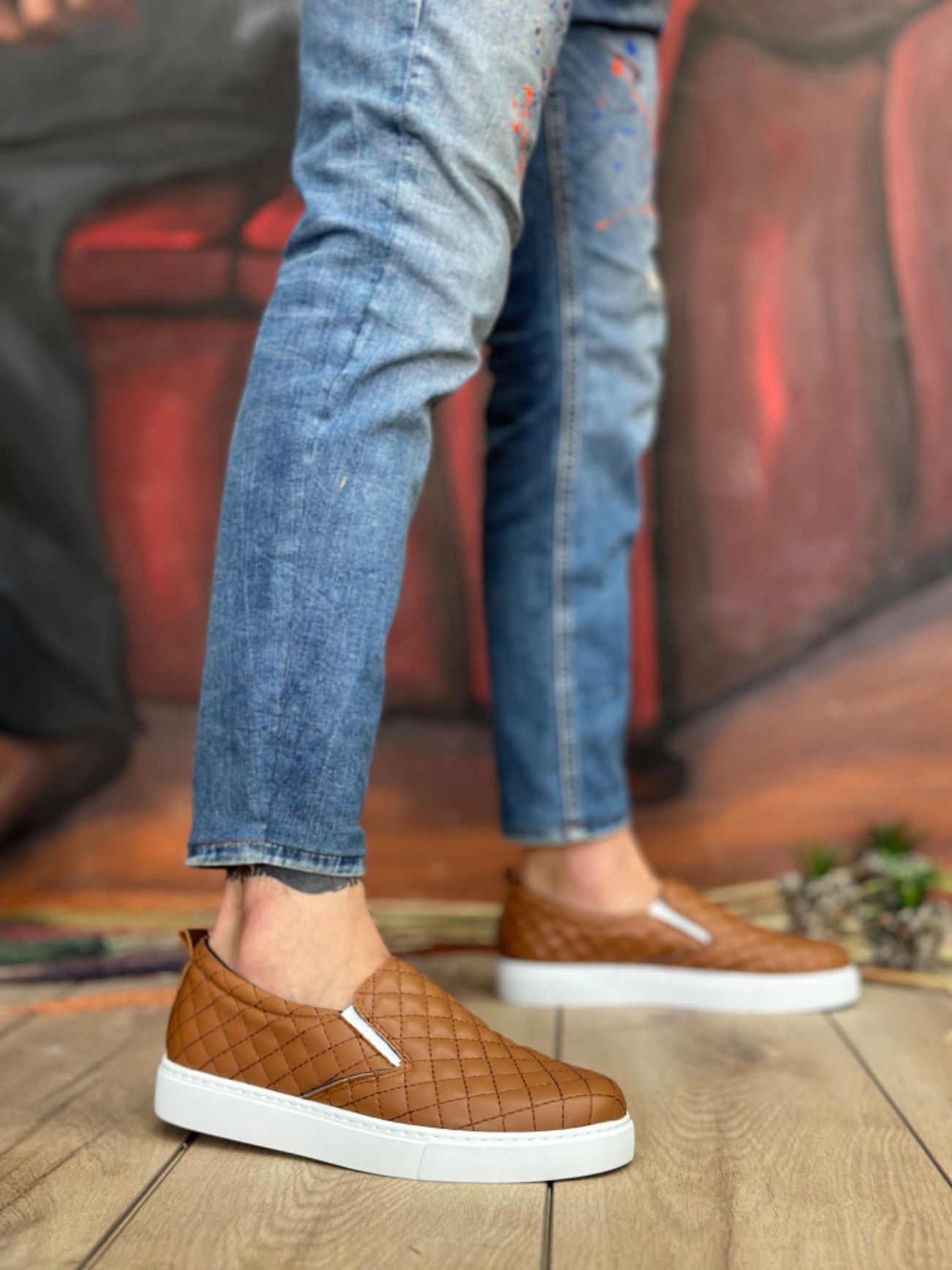 Untied Quilted Tan Casual Men's Shoes