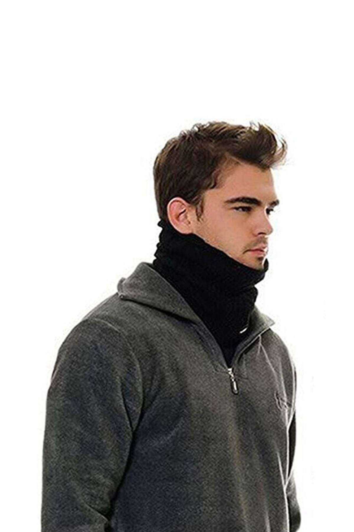 Fleece Unisex Drawstring Beanie and Neck Collar Black