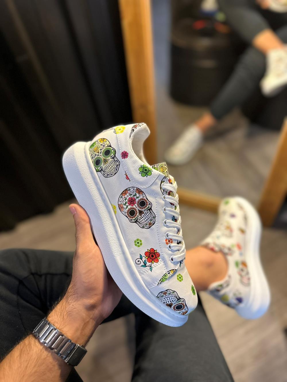 High Sole Colorful Printed Casual Shoes White Skull