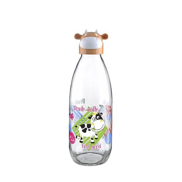 Cute Glass Drinker with Cow Design - Milk Bottle 1000 ML