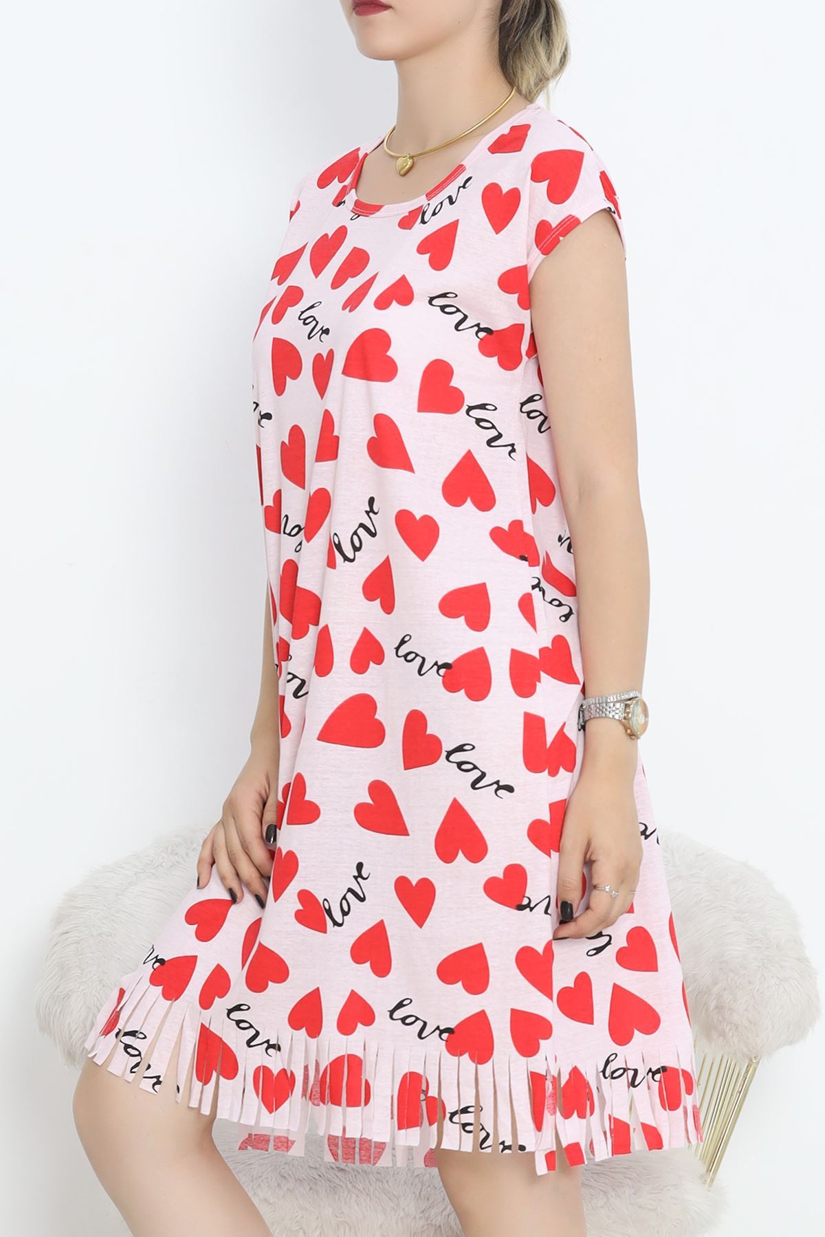 Printed Rotation Tasseled Dress PinkRed