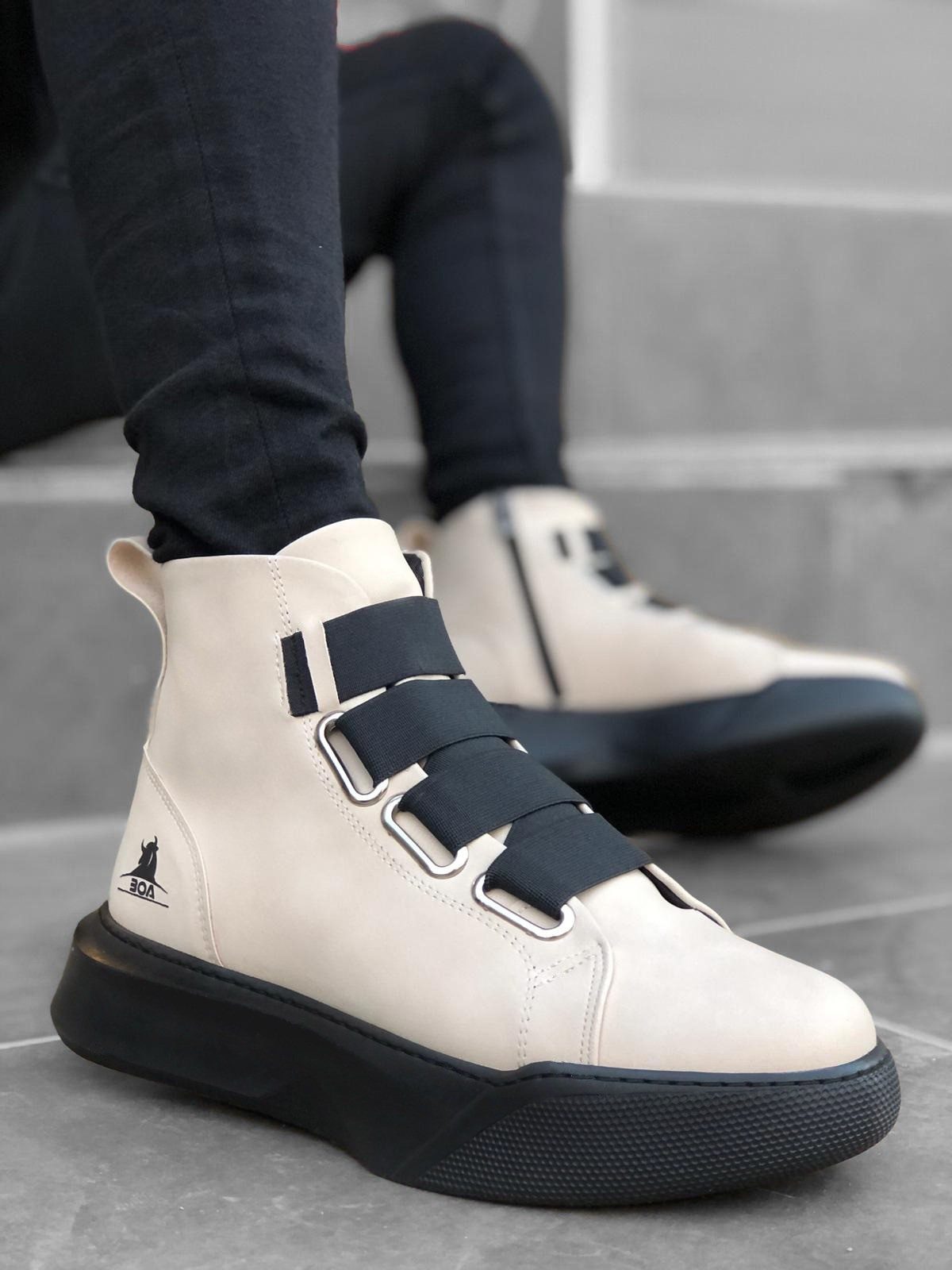 Men's High Sole Cream Sport Boots with Straps