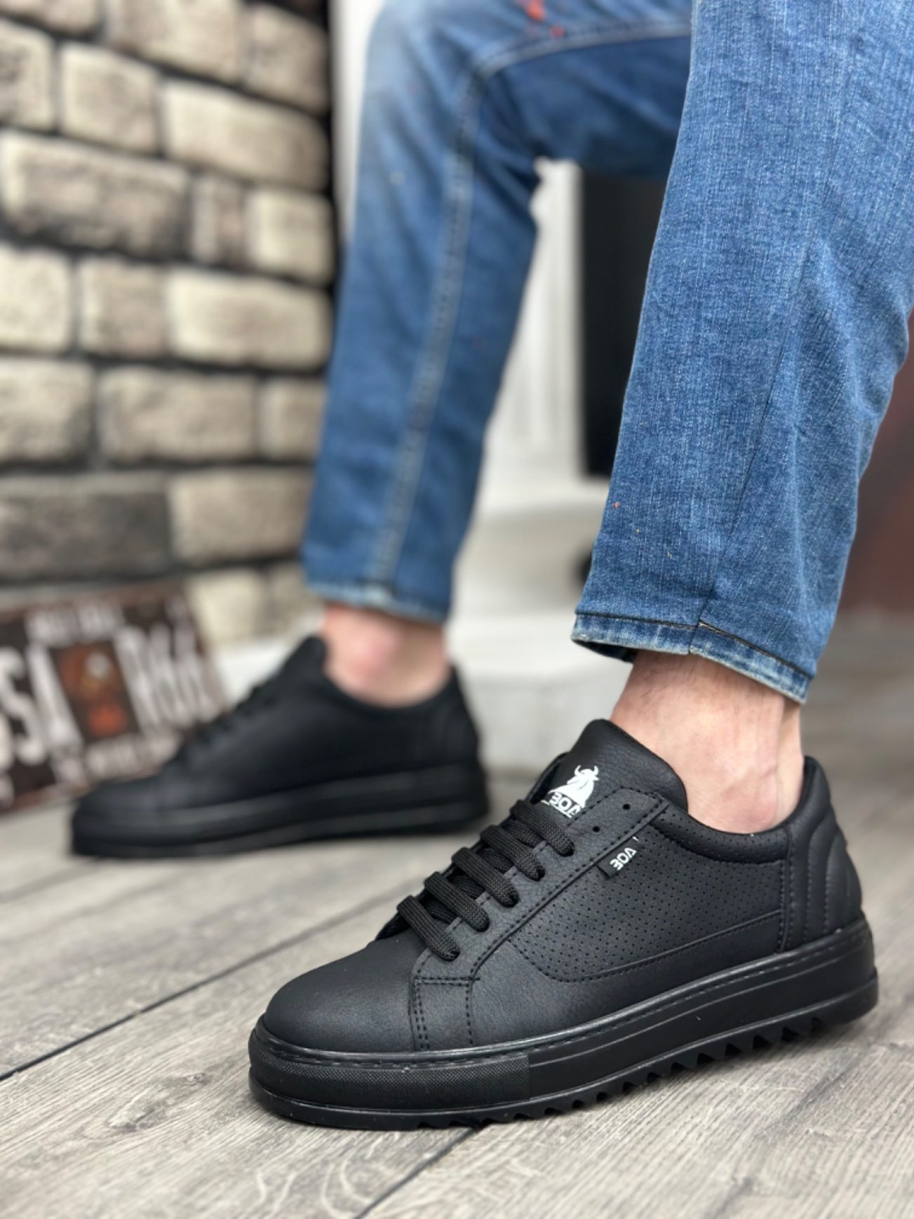 Thick Serrated High Black Sole Black Lace-Up Sneakers For Men