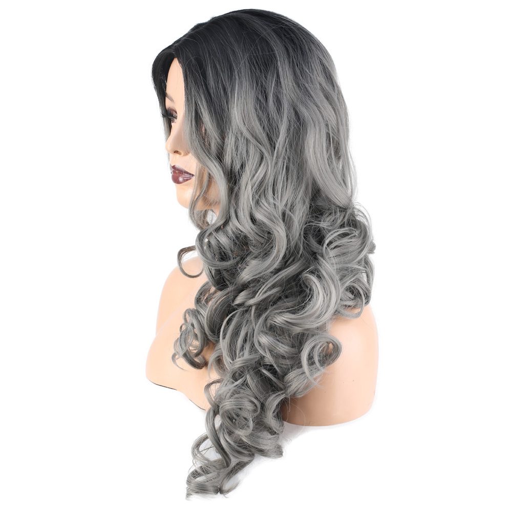 Long Kanekalon Fiber Synthetic Wig with Wavy Bangs / Black / Gray Ombré