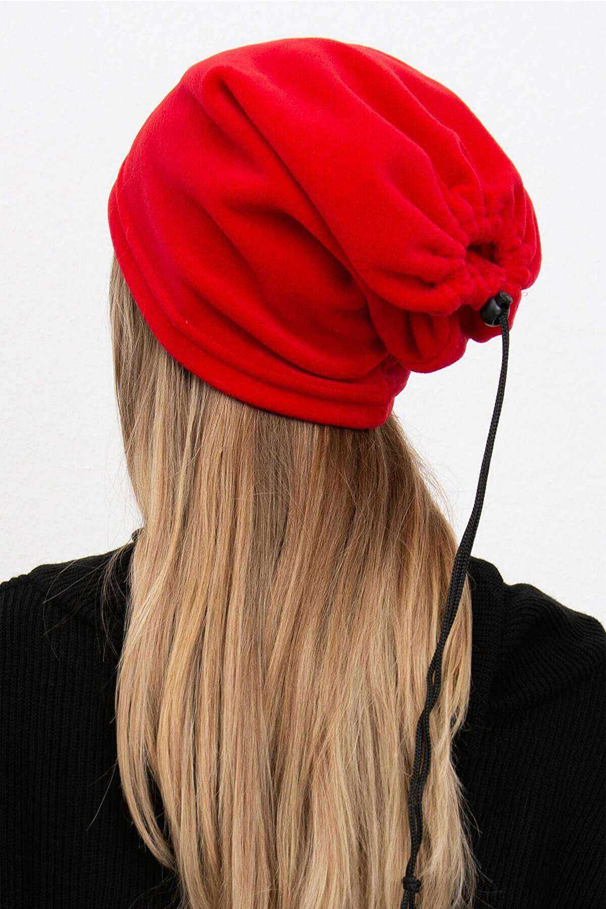 Fleece Unisex Drawstring Beanie and Neck Collar Red