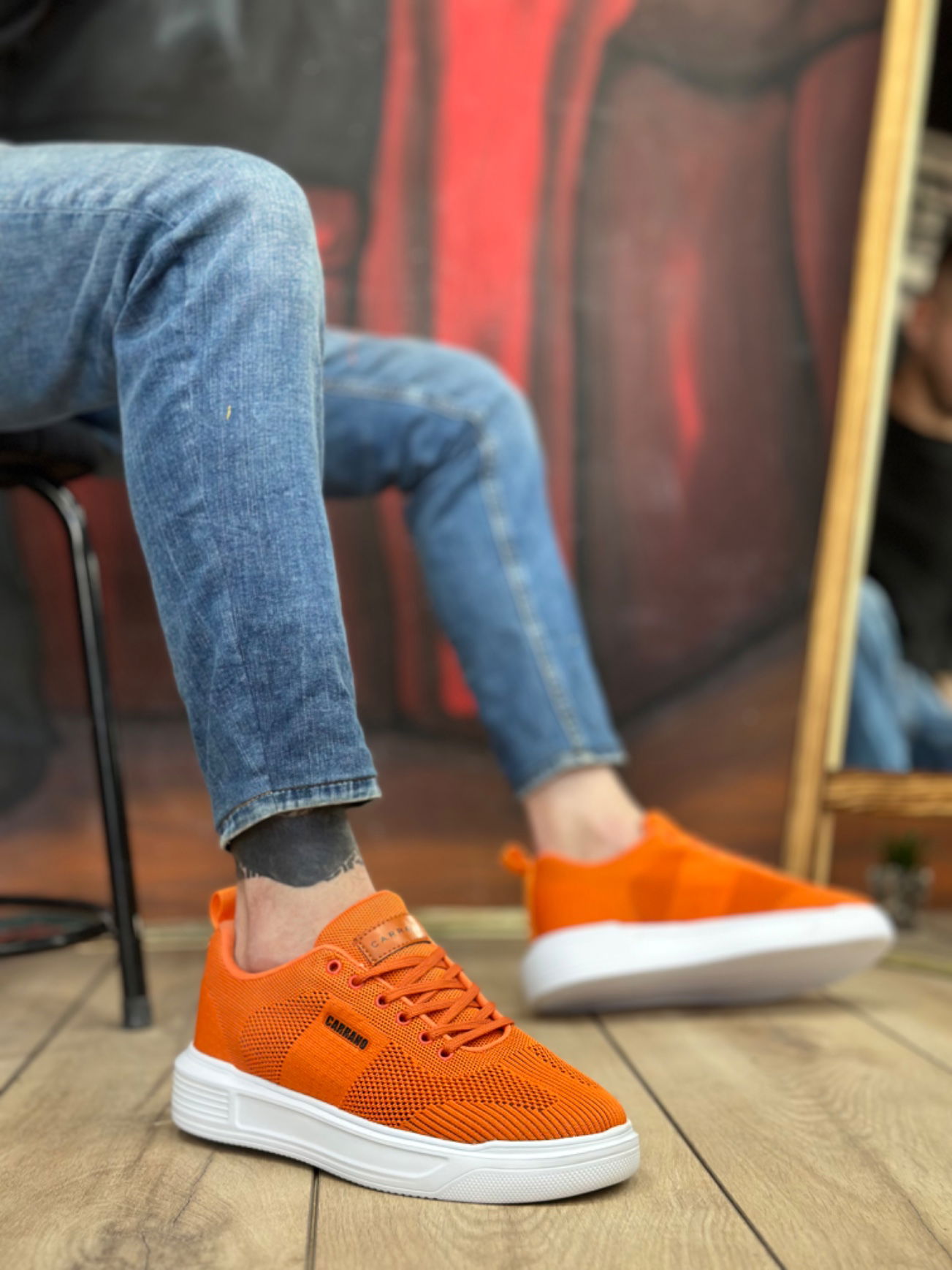 Custom Knitted Tricot High Sole Style Orange Color Sneakers