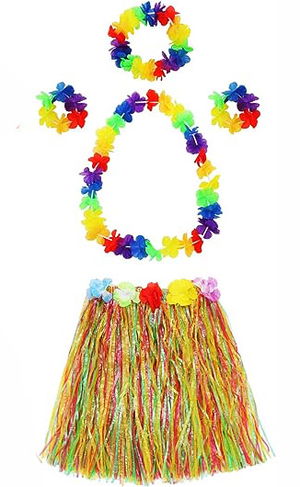 Adult and Child Compatible Luau Aloha Hawaii Necklace Colorful Skirt Crown and Bracelet Set