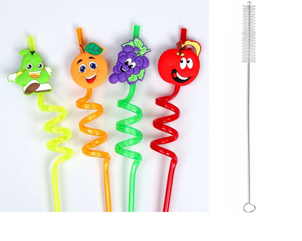 5 Piece Colorful Straw Set - Emoji Spiral Cocktail - Kids Straw with Cleaning Brush