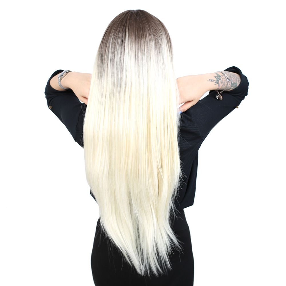 Kanekalon Fiber Synthetic Long Straight Bangs Wig / Ashy Light Brown / Platinum Ombré