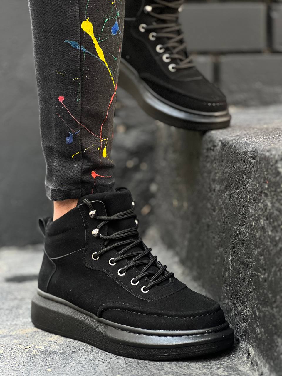 Black Suede Black High Sole Men's Ankle Boots