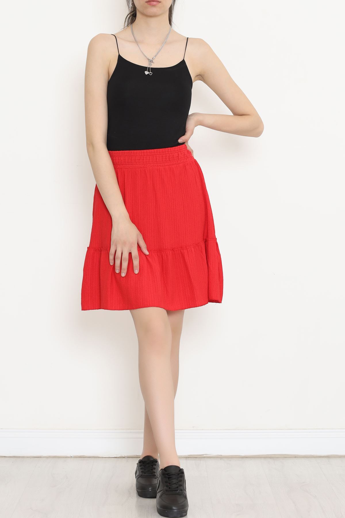 Pleated Ruffled Flared Skirt Red