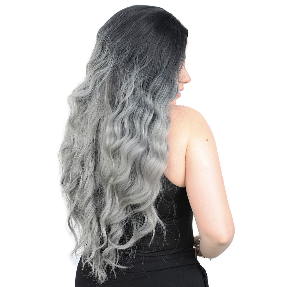 Kanekalon Fiber Synthetic Wig / Black / Gray Ombré with Water Wavy Look Long Bangs