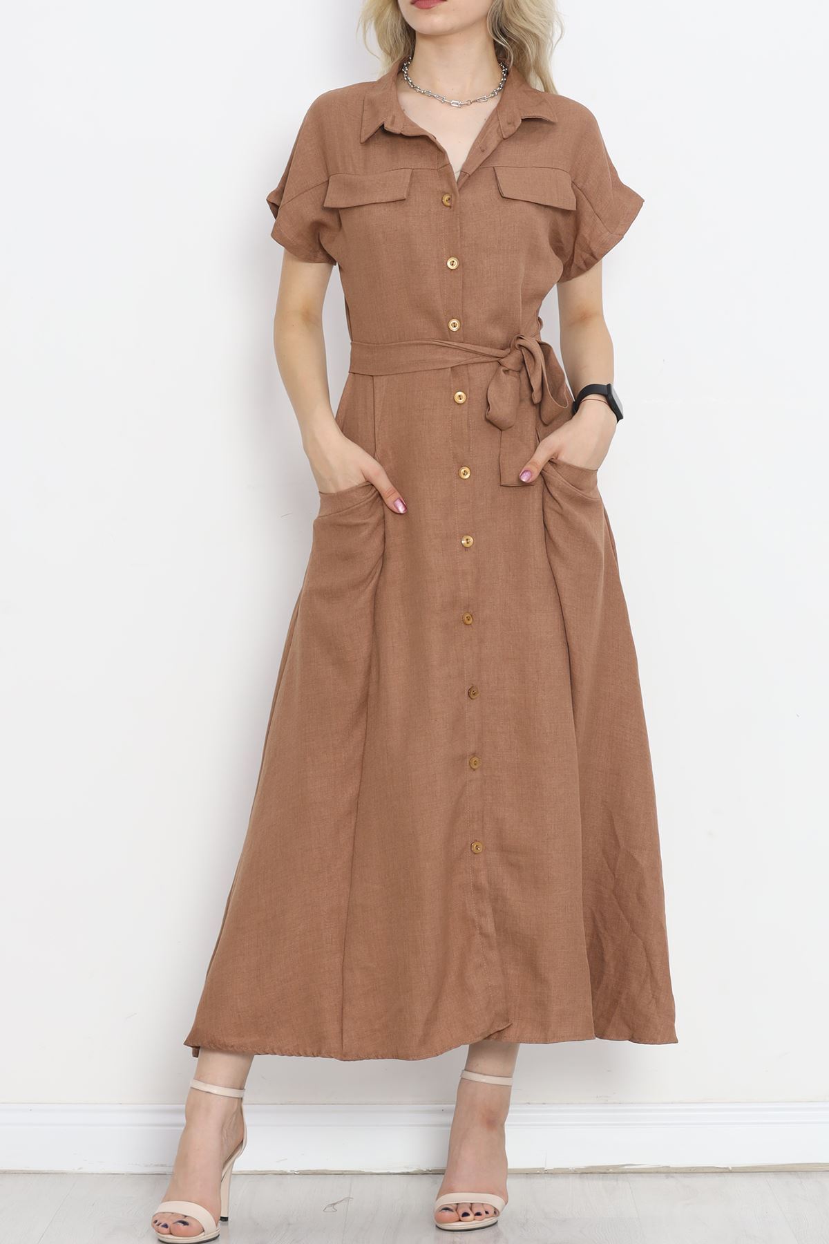 Pocket Detail Belted Dress Coffee