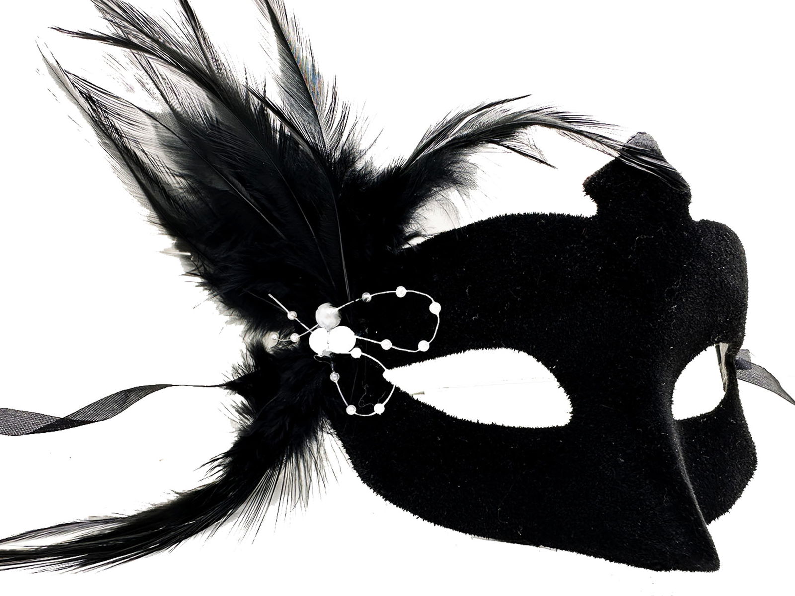 Black Color Side Feather Suede Coating Party Mask with White Pearls 18X15 cm