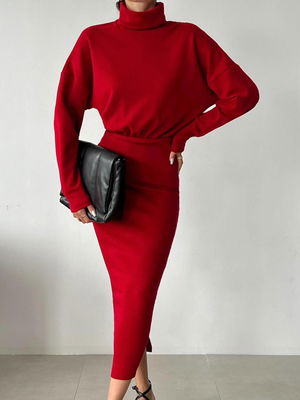 Women's Turtleneck Sweater Dress - Red