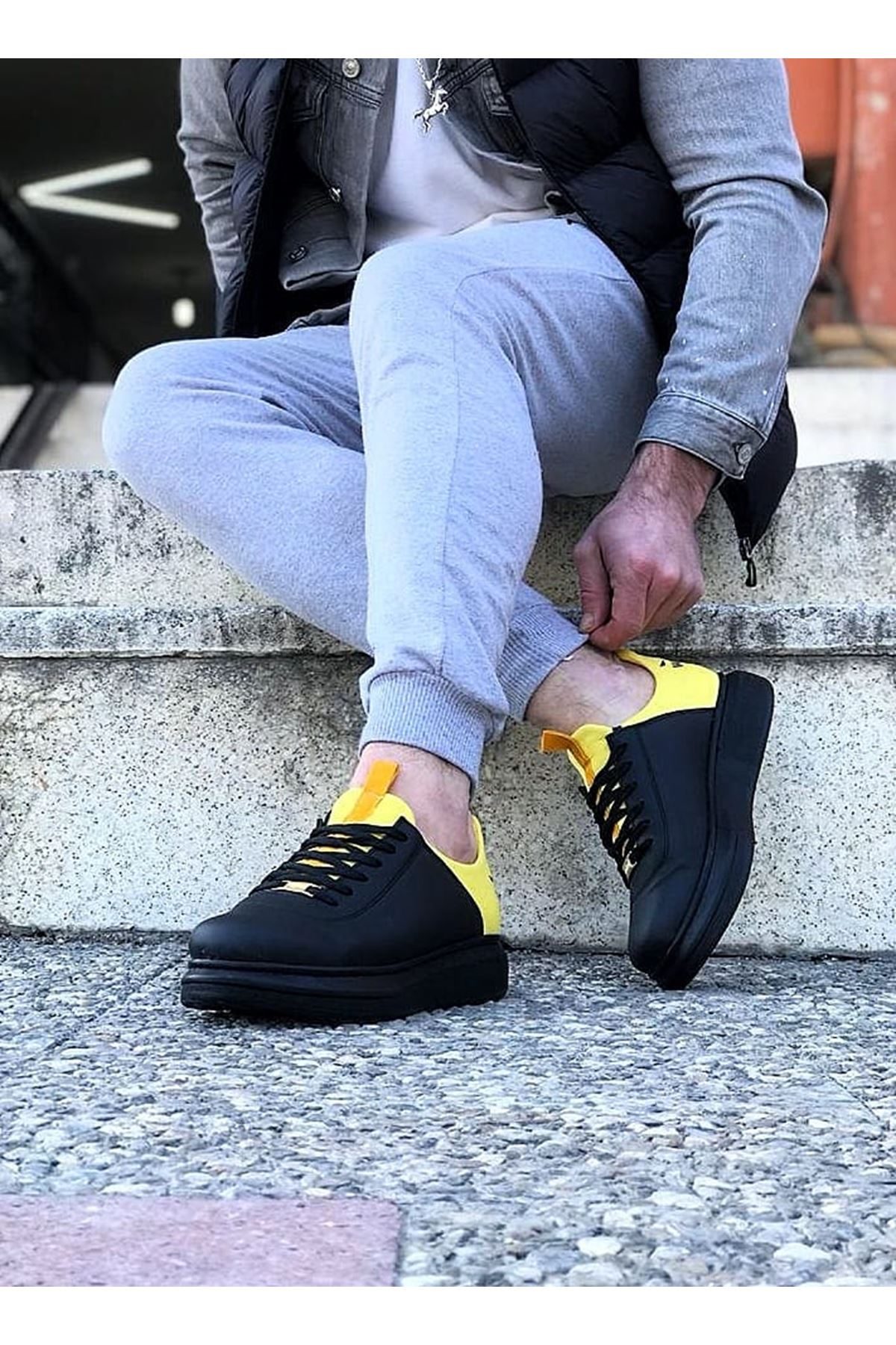 Charcoal Yellow Thick Sole Casual Men's Shoes