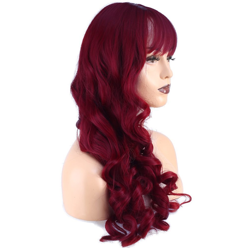 Long Kanekalon Fiber Synthetic Wig with Wavy Custom Bangs / Red