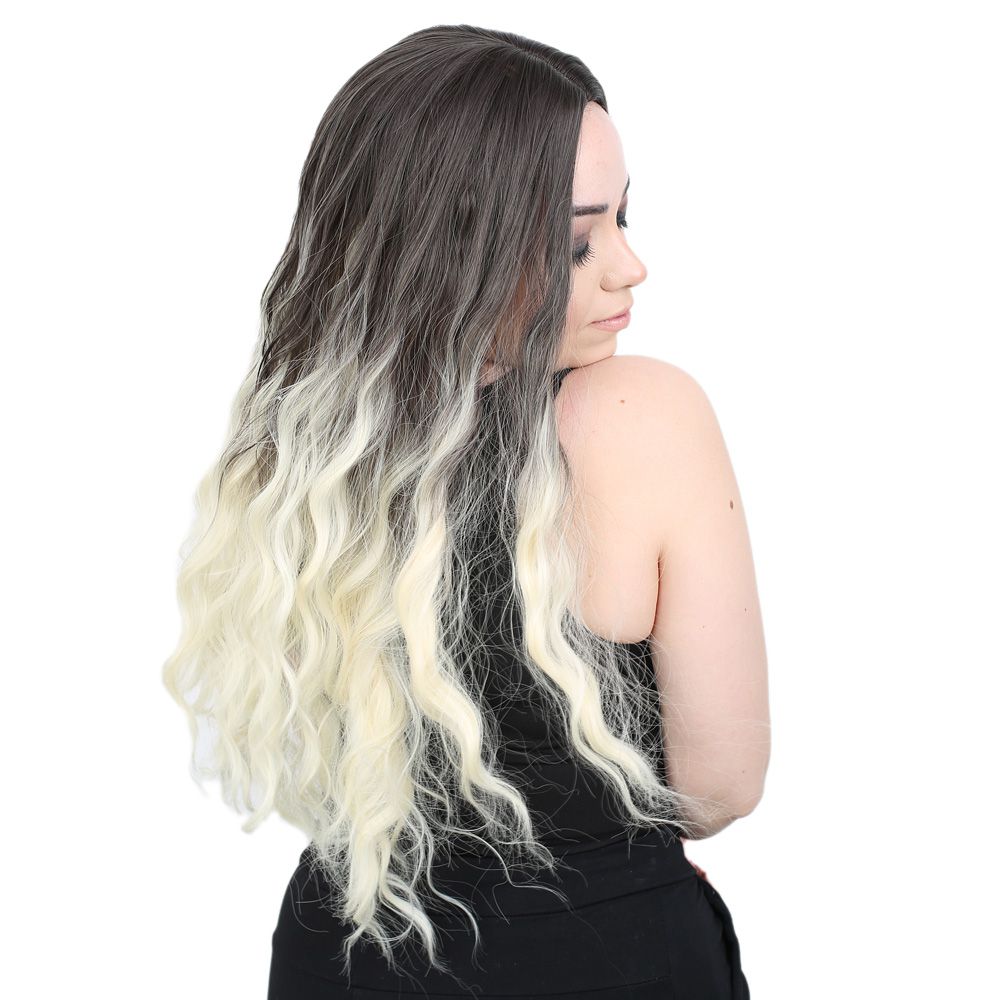 Kanekalon Fiber Synthetic Wig / Ashy Black / Platinum Ombré with Water Wavy Look and Long Bangs