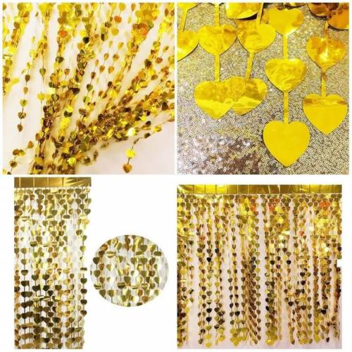 Gold Color Heart Shaped Metalized Fringed Backdrop Curtain Decoration