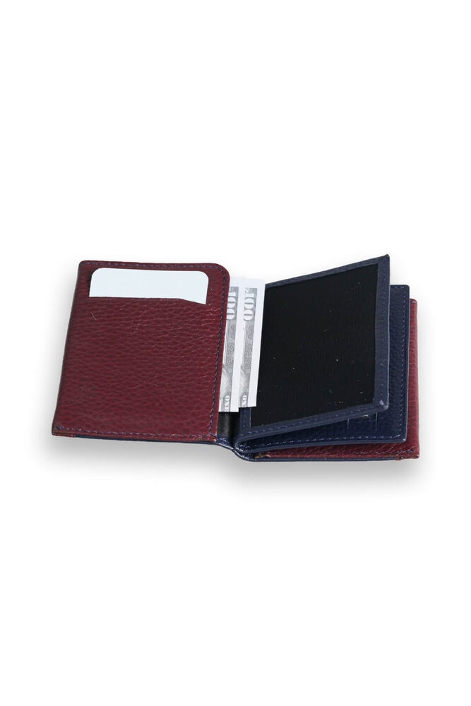 Navy Blue - Burgundy Genuine Leather Card Holder with Dual Color Compartments