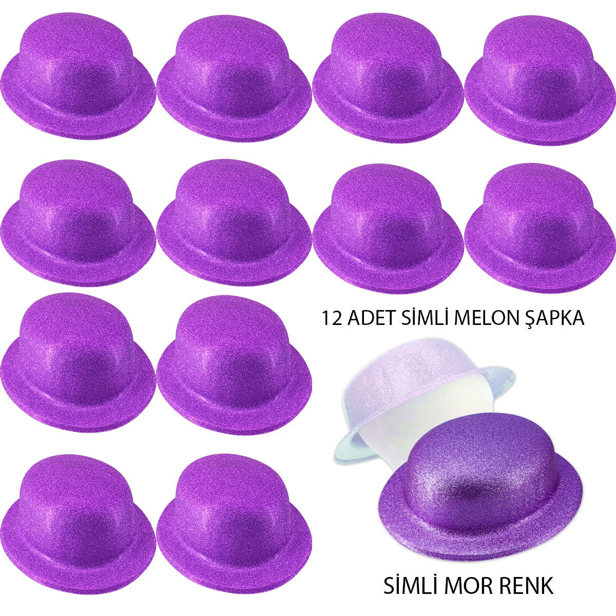 Purple Color Silvery Bowler Round Party Hat 12 Pcs