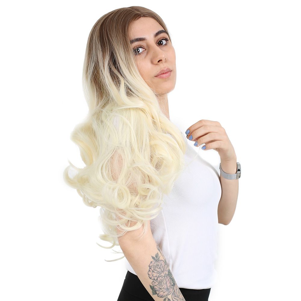 Super Dense Wavy Kanekalon Fiber Synthetic Long Bangs Wig / Auburn / Platinum Ombré