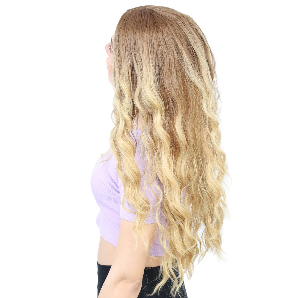 Kanekalon Fiber Synthetic Wig / Auburn / Yellow Ombré with Water Wavy Look and Long Bangs