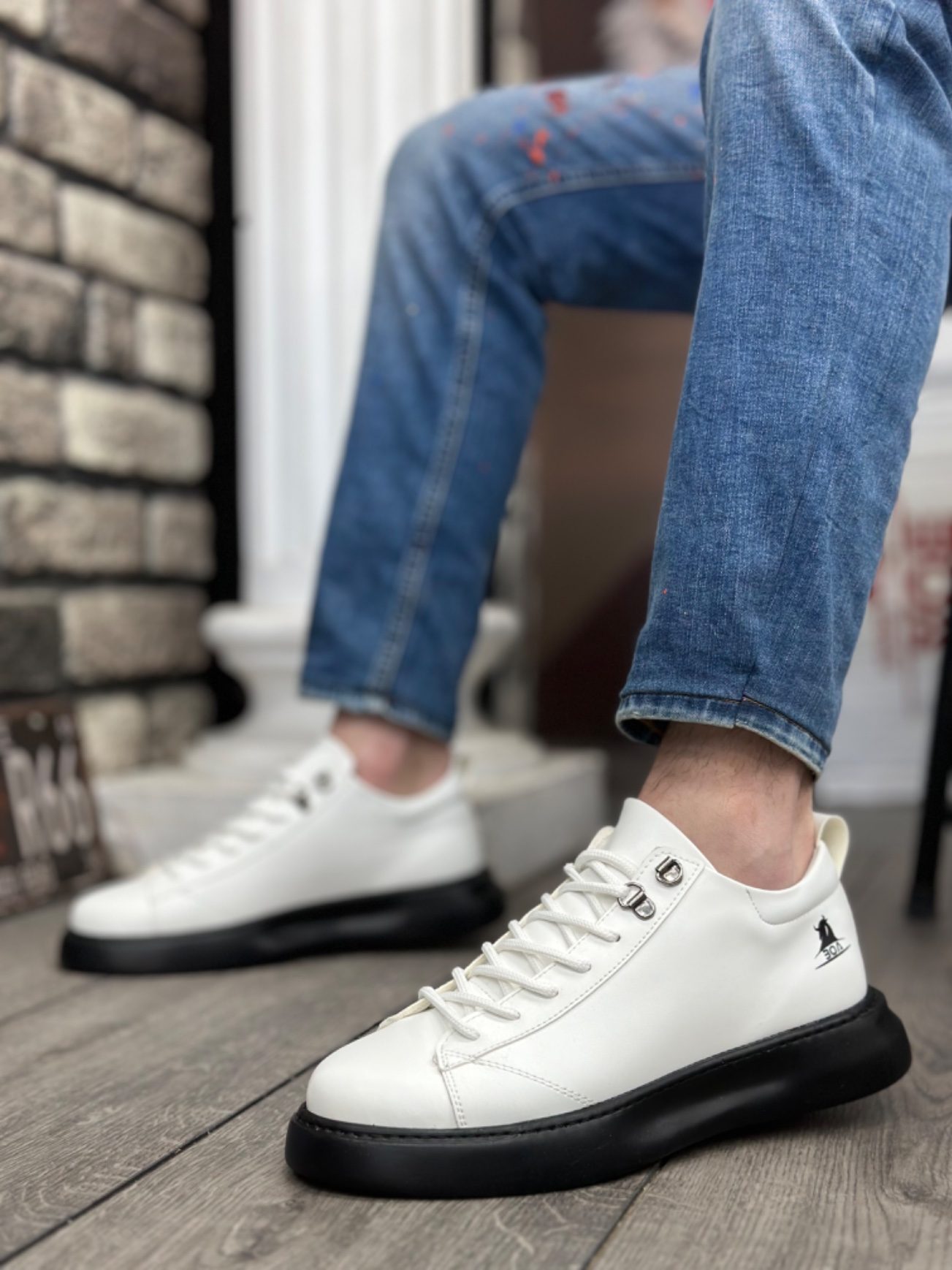 Lace-up Men's High Sole White Black Skin Sneakers