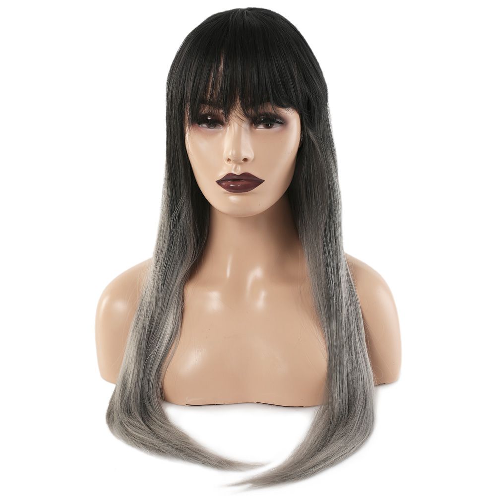 Kanekalon Fiber Synthetic Long Straight Bangs Wig / Black Gray Ombré