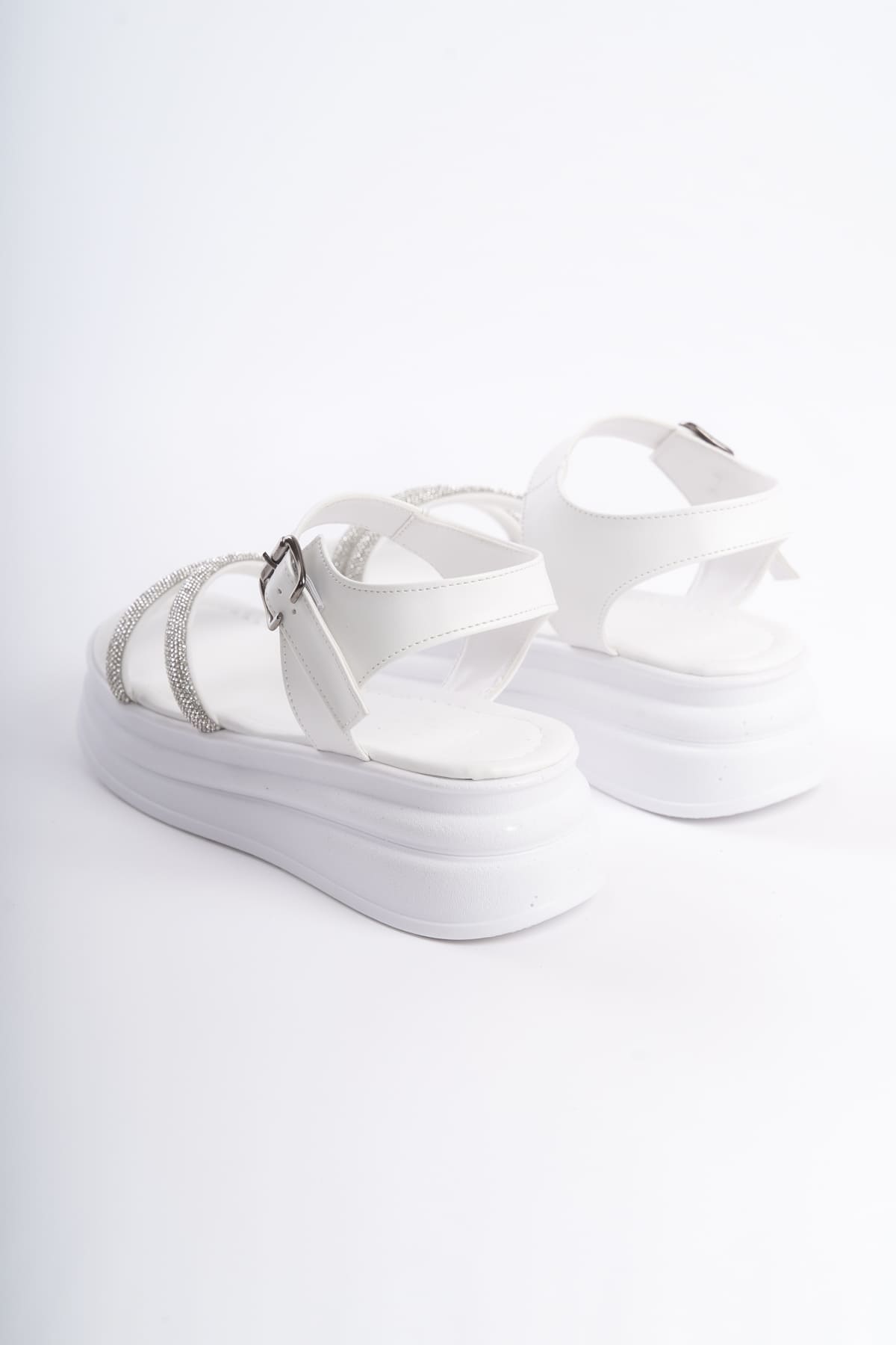 CLZ948 Thick Buckle Stony Stripe Orthopedic Sole Women's Sandals BT White