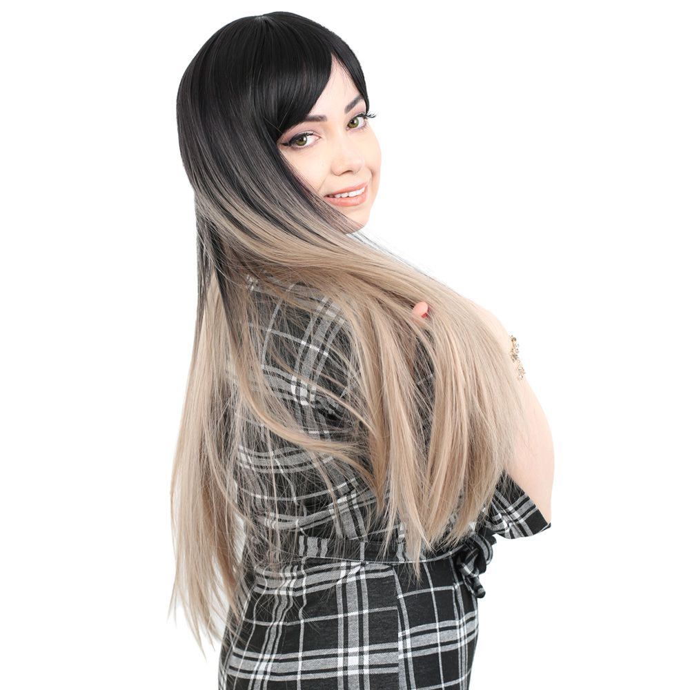 Kanekalon Fiber Synthetic Long Straight Bangs Wig / Black / Ashy Baby Yellow Ombré