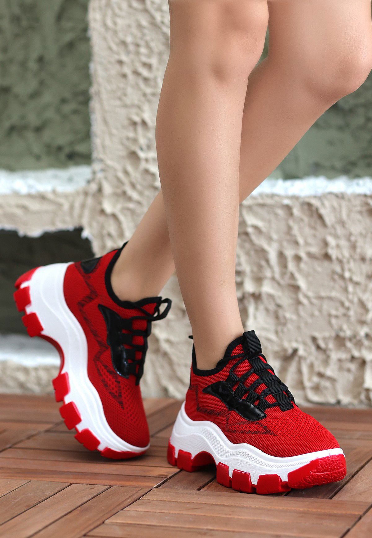 Red Tricot Lace-Up Sneakers