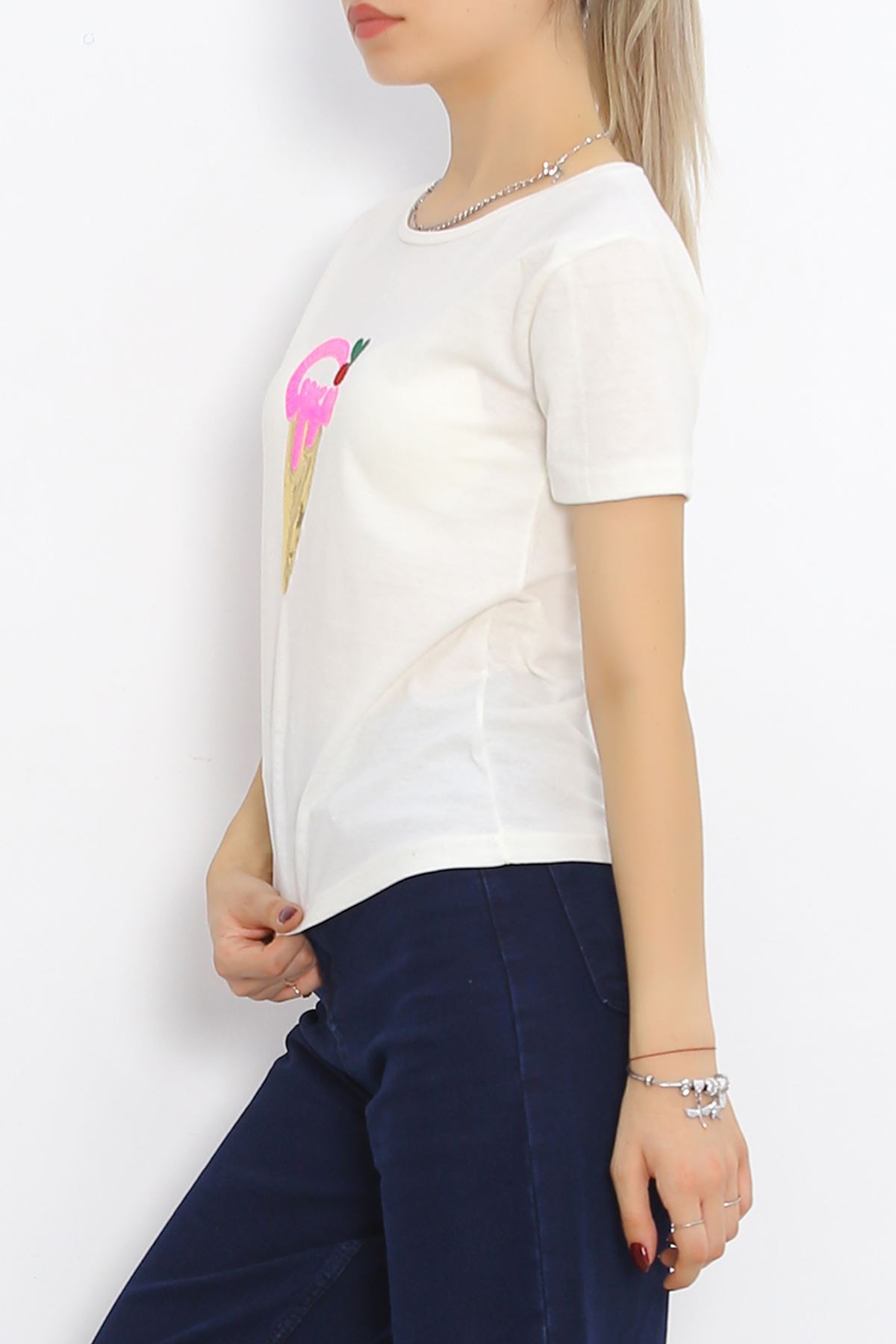 Embroidered Sequin Detail T-Shirt Ivory