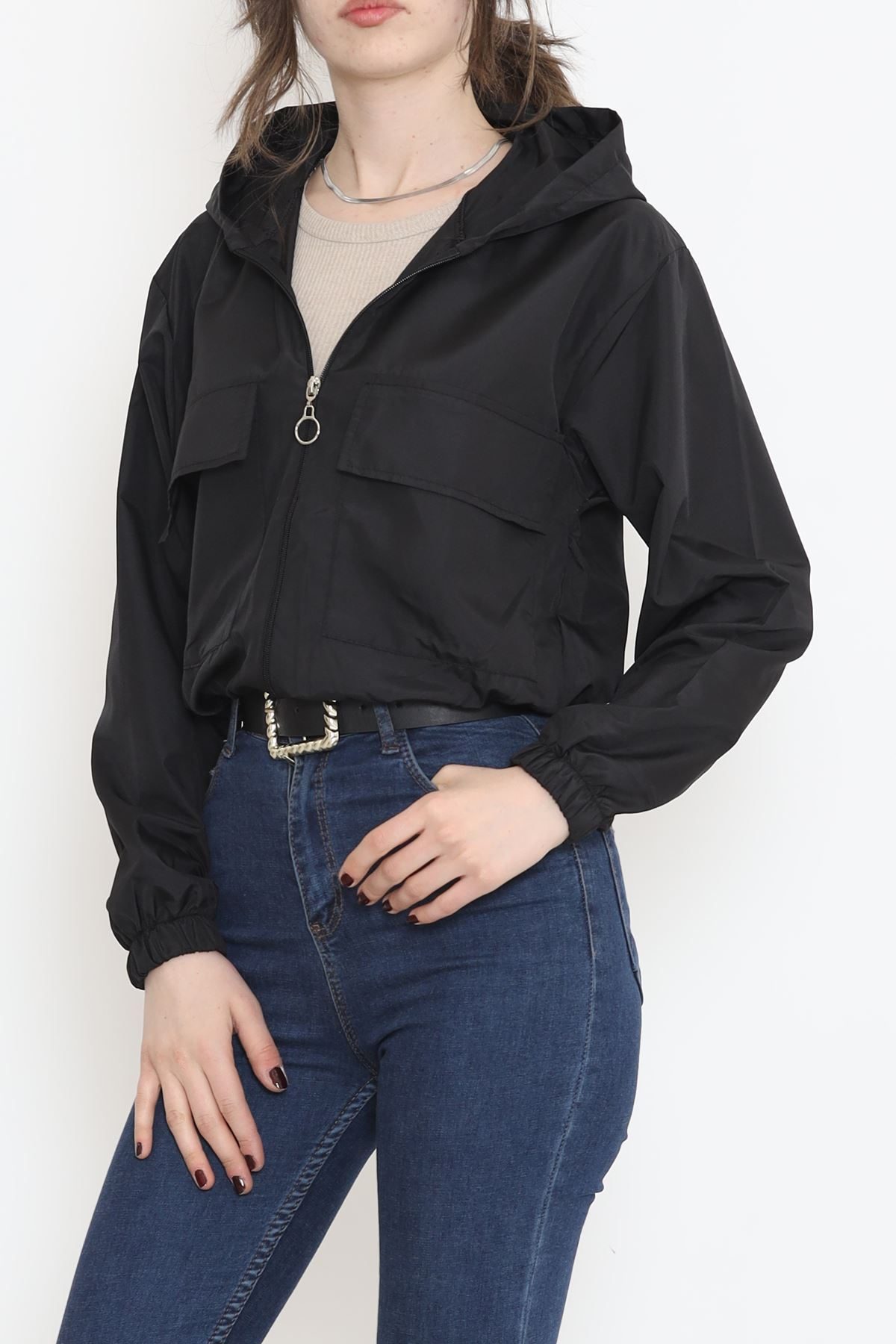 Double Pocket Crop Raincoat Black