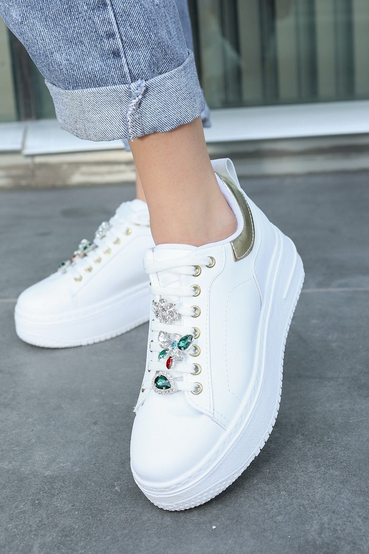 White Skin Stone Lace-Up Sneakers