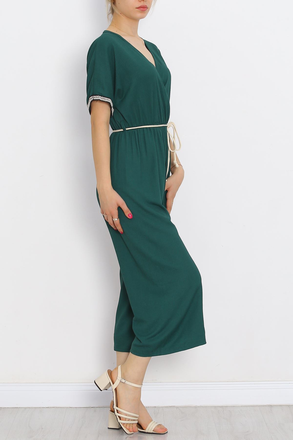 Knit Belt Burlap Jumpsuit Emerald