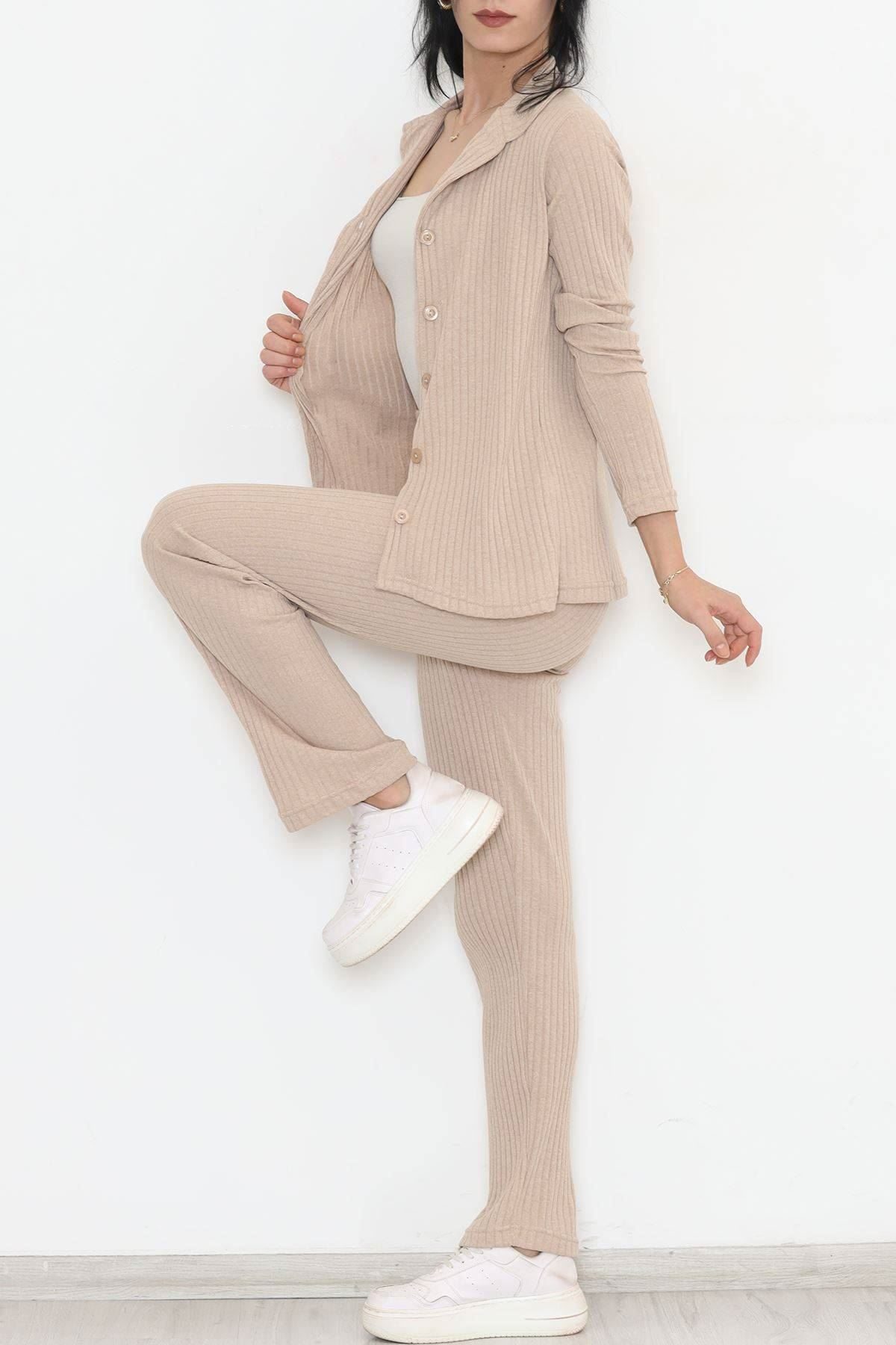 Front Buttoned Fitted Suit Beige