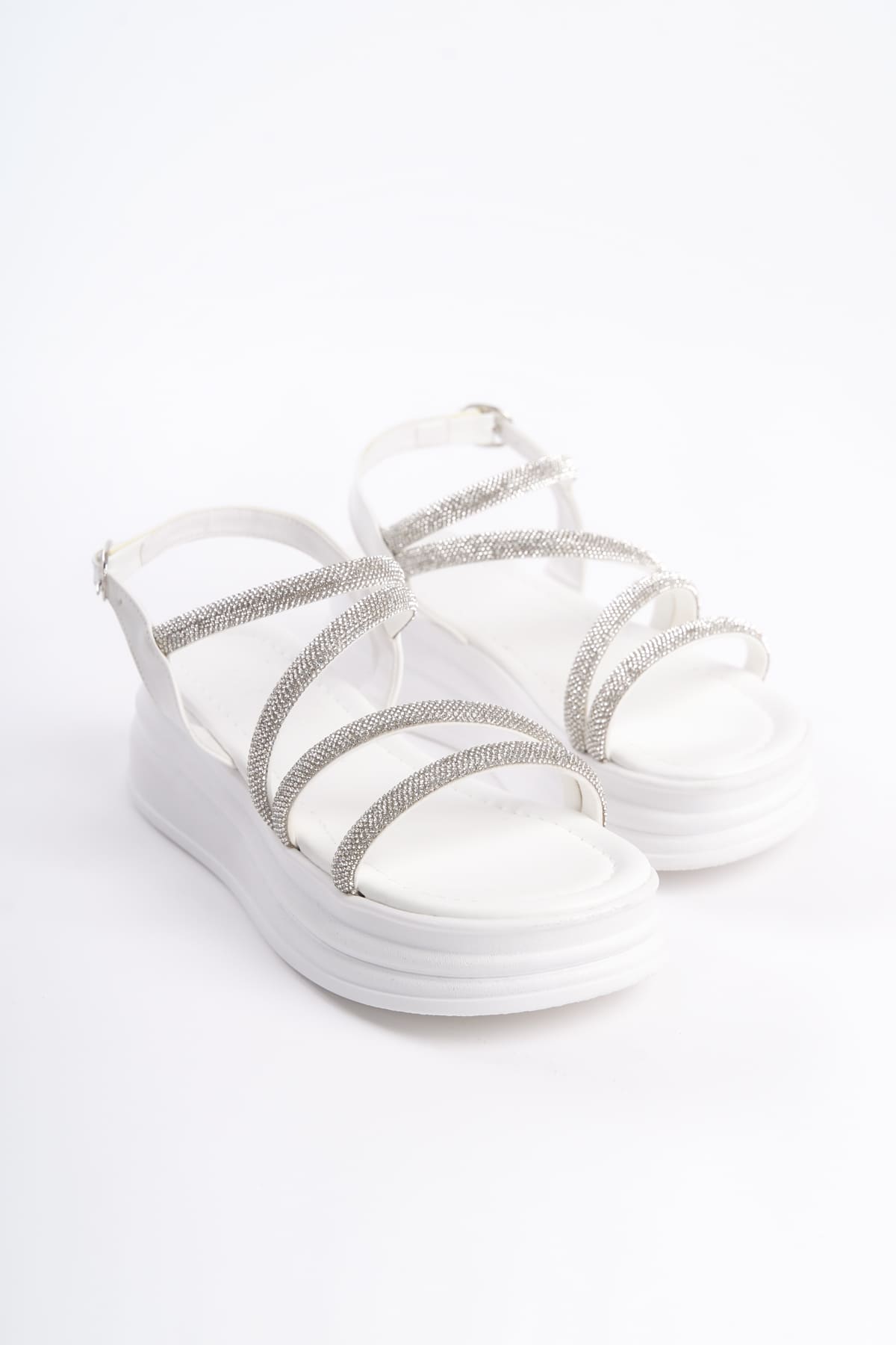 CLZ948 Women's Orthopedic Sole Sandals BT White with Thin Buckle Stone Stripe