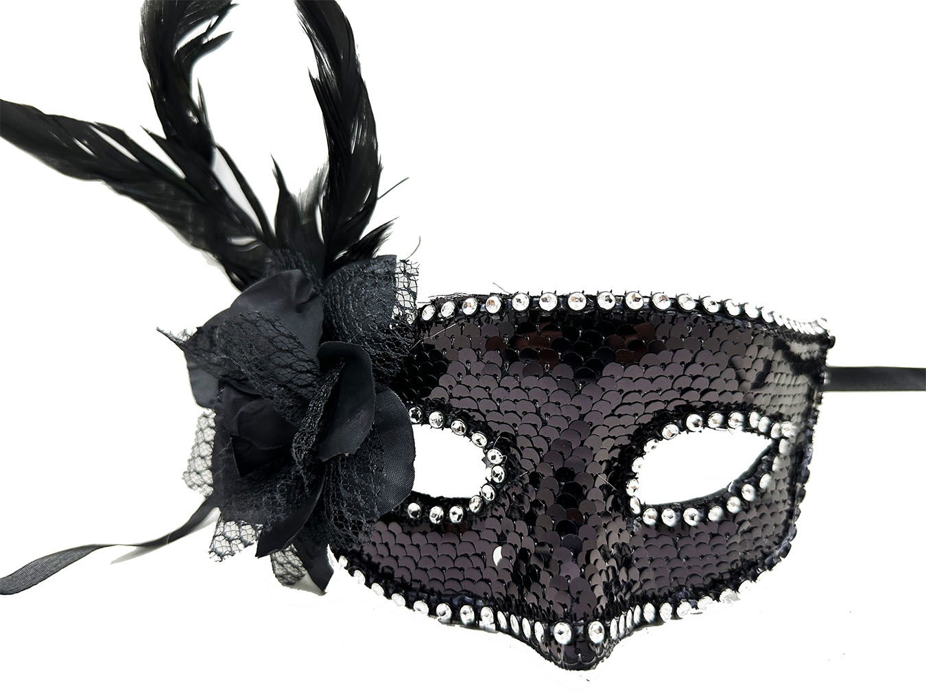 Black Color Side Feathered Rose Silver Stone Sequin Mask 20x22 cm